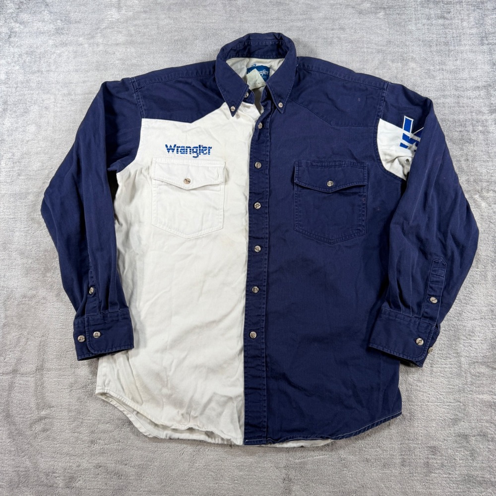Wrangler Shirt Mens Large Blue Vintage Colorblock Sleeve Spell Out Western Rodeo